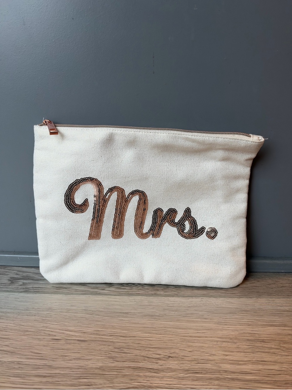 Mrs. Embellished Canvas Cosmetic Pouch - Cream with Rose Gold Script